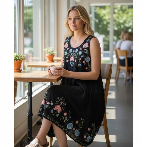 J. Jill Dresses & Skirts - J. Jill Womens Black Floral Embroidered Size Large Sleeveless Knit Boho Dress